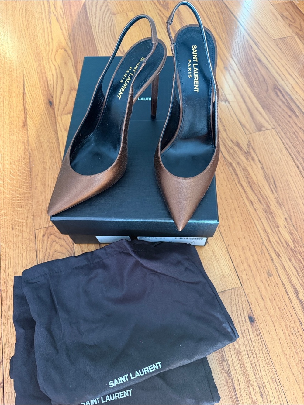 Saint Laurent silk satin Brown Pointed Zoé Slingback Pumps NEW